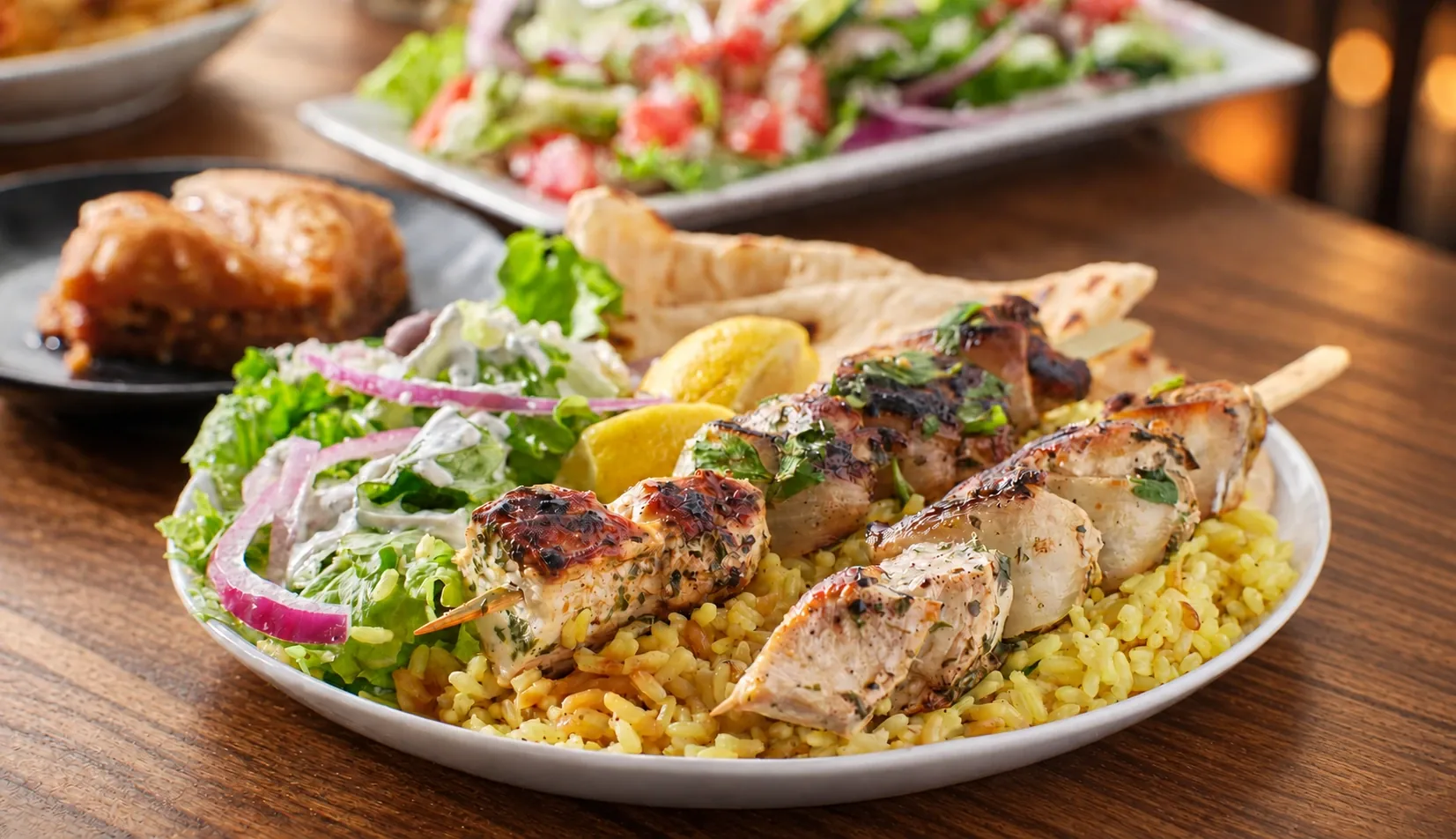 Chicken kabobs over seasoned rice with hummus, house salad and warm pita